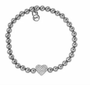 MK SILVER LOGO PAVE CRYSTAL HEART BEADED BRACELET